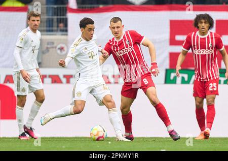 Jamal MUSIALA, FCB 42  Thomas MUELLER, MÜLLER, FCB 25 compete for the ball, tackling, duel, header, zweikampf, action, fight against Maximilian Eggestein, FRG 8 Kiliann Sildillia, FRG 25  in the match SC FREIBURG - FC BAYERN MUENCHEN 0-1 1.German Football League on Apr 8, 2023 in Freiburg, Germany. Season 2022/2023, matchday 27, 1.Bundesliga, FCB, BVB, München, 27.Spieltag. © Peter Schatz / Alamy Live News    - DFL REGULATIONS PROHIBIT ANY USE OF PHOTOGRAPHS as IMAGE SEQUENCES and/or QUASI-VIDEO - Stock Photo