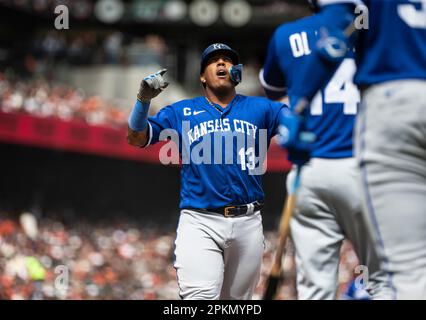 San Francisco, USA. 08th Apr, 2023. April 08 2023 San Francisco CA, U.S.A. Kansas  City catcher Salvador Perez (13)hits a 3 run homer in the 8th inning to tie  the game during