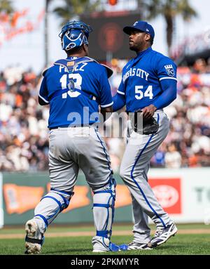 San Francisco, USA. 08th Apr, 2023. April 08 2023 San Francisco CA, U.S.A. Kansas  City catcher Salvador Perez (13)hits a 3 run homer in the 8th inning to tie  the game during