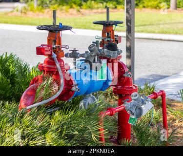A picture of a two valve red fire hydrant at the lake Nona area, Florida. Green grass around Stock Photo