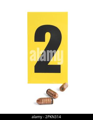 Bullets and crime scene marker with number one isolated on white Stock ...