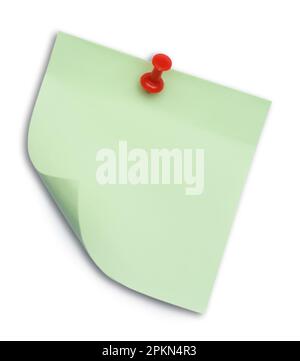 Blank light green note pinned on white background, top view Stock Photo