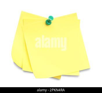 Blank yellow notes pinned on white background, top view Stock Photo