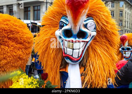 Waggis mask costume walking in the parade at the Basel Fasnacht carnival in Switzerland Stock Photo