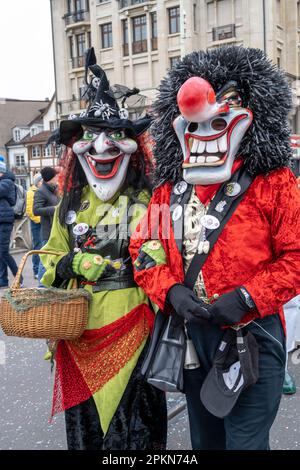 Waggis mask costume walking in the parade at the Basel Fasnacht carnival in Switzerland Stock Photo