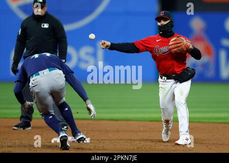 Seattle Mariners' Eugenio Suarez bats against the Cleveland Guardians  during the third inning of a baseball game, Sunday, April 9, 2023, in  Cleveland. (AP Photo/Ron Schwane Stock Photo - Alamy