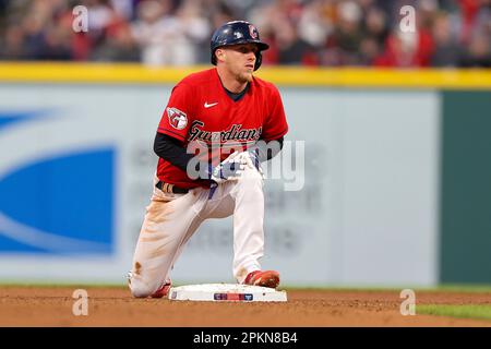 CLEVELAND, OH - APRIL 12: Cleveland Guardians center fielder Myles