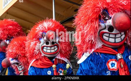 Waggis mask costume inside a parade float at the Basel Fasnacht carnival in Switzerland Stock Photo