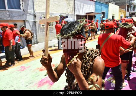 Atlixco, Mexico. 07th Apr, 2023. April 7, 2023, Atlixco, Mexico - Hooded Penitents, wearing heavy chains and cactus spines stuck to their bodies, take part in the Holy Week penitential procession The 'Engrillados' ( Shackled) procession to celebrated the Good Friday as part of holy week celebration. on April 7, 2023 in Atlixco, Mexico. (Photo by Carlos Tischler/Eyepix Group/Sipa USA) Credit: Sipa USA/Alamy Live News Stock Photo