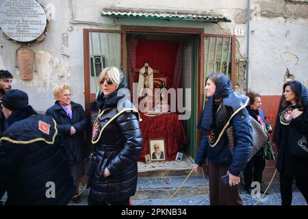 April 7, 2023, Pagani, Salerno, Italy: Pagani, Salerno, Italy - April 07, 2023:The sisters of the Brotherhood of the Most Holy Virgin of Sorrows seen during the procession. On Good Friday afternoon, a procession of faithful of the various religious archconfraternities, accompanies the statue of the Dead Christ and the Virgin of Sorrows through the streets of the historic center. By singing ancient passages and praying they remember the pain of Our Lady for the death of her son Jesus. (Credit Image: © Pasquale Senatore/Pacific Press via ZUMA Press Wire) EDITORIAL USAGE ONLY! Not for Commercial  Stock Photo