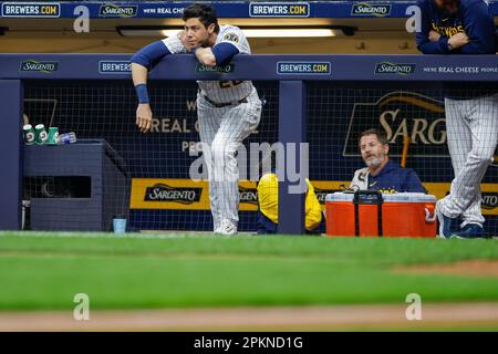 April 8, 2023: Milwaukee Brewers left fielder Christian Yelich (22) during the game between the Milwaukee Brewers and the St. Louis Cardinals at American Family Field on April 8, 2023 in Milwaukee, WI. Darren Lee/CSM Stock Photo