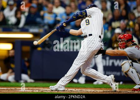 Milwaukee Brewers third baseman Brian Anderson throws out Cleveland  Guardians' Myles Straw at first base during the fifth inning of a baseball  game, Friday, June 23, 2023, in Cleveland. (AP Photo/Ron Schwane