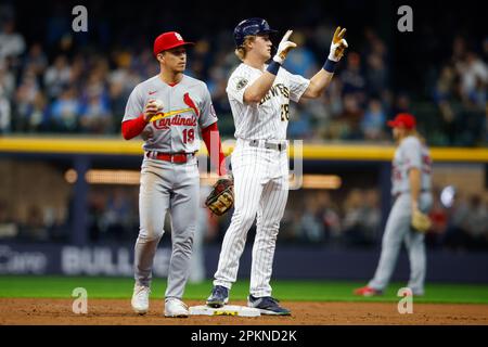 April 8, 2023: St. Louis Cardinals center fielder Tyler O'Neill (27) hits a  ball in play during the game between the Milwaukee Brewers and the St.  Louis Cardinals at American Family Field