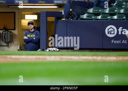 April 8, 2023: Milwaukee Brewers manager Craig Counsell (30) during the game between the Milwaukee Brewers and the St. Louis Cardinals at American Family Field on April 8, 2023 in Milwaukee, WI. Darren Lee/CSM Stock Photo