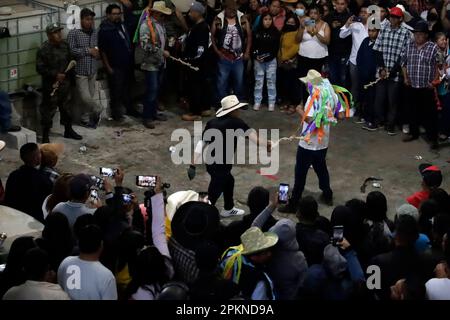 Municipality Of Soltepec, Mexico. 08th Apr, 2023. April 8, 2023, State of Puebla, Mexico: Participants in pairs whip each other at the The Glory of the Jews festival on the Saturday of Glory in the municipality of Soltepec in the state of Puebla. on April 8, 2023 in State of Puebla, Mexico (Photo by Luis Barron/Eyepix Group/Sipa USA). Credit: Sipa USA/Alamy Live News Stock Photo
