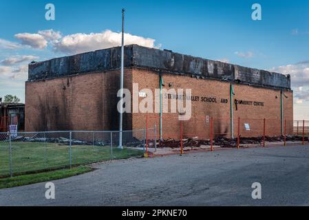 Stewart Valley, SK, Canada- Aug 28, 2022: The ruins of Stewart Valley School after a lightning strike caused a fire Stock Photo