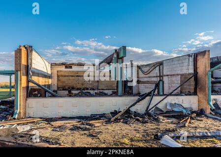 Stewart Valley, SK, Canada- Aug 28, 2022: The ruins of Stewart Valley School after a lightning strike caused a fire Stock Photo