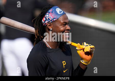 Pittsburgh Pirates' Oneil Cruz waits his turn in the batting cage