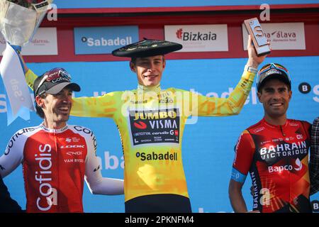 Eibar, Spain. 08th Apr, 2023. Eibar, Spain, April 08th, 2023: The first three classified on the podium during the 6th Stage of the Itzulia Basque Country 2023 with start and finish in Eibar, on April 08, 2023, in Eibar, Spain. (Photo by Alberto Brevers/Pacific Press) Credit: Pacific Press Media Production Corp./Alamy Live News Stock Photo