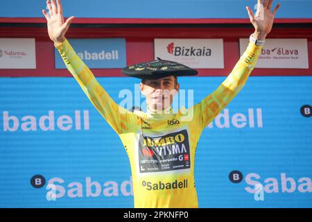 Eibar, Spain. 08th Apr, 2023. Eibar, Spain, April 08th, 2023: The Jumbo-Visma rider, Jonas Vingegarrd with the overall winner's yellow jersey during the 6th Stage of the Itzulia Basque Country 2023 with start and finish in Eibar, on April 08, 2023, in Eibar, Spain. (Photo by Alberto Brevers/Pacific Press) Credit: Pacific Press Media Production Corp./Alamy Live News Stock Photo