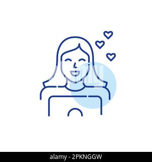 Smiling girl with long hair at her laptop chatting on dating website. Romantic attraction and flirt. Pixel perfect icon Stock Vector