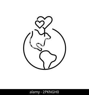 Two hearts intertwined. Map pointer on Earth. Finding match on global level. Pixel perfect, editable stroke line icon Stock Vector