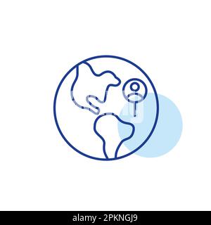 Earth globe with user pin pointer. Customer location. Pixel perfect, editable stroke line icon Stock Vector