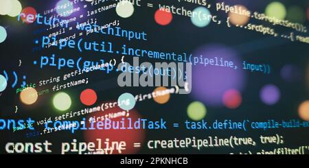 Closeup developing programming and coding technologies. Developer working on web sites codes in office. Technology background. Stock Photo