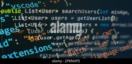 Computer script. Programming code abstract screen of software developer. Technology background. Stock Photo