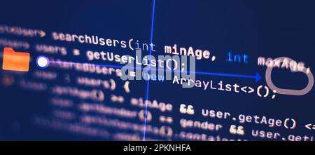 IT coding on monitor screen. Computer code data.Technology background. Stock Photo