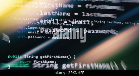 Closeup developing programming and coding technologies. Developer working on web sites codes in office. Technology background. Stock Photo