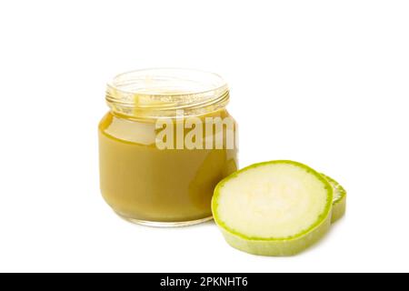 Jar of baby puree isolated on white background. Vegetable puree. Top view Stock Photo
