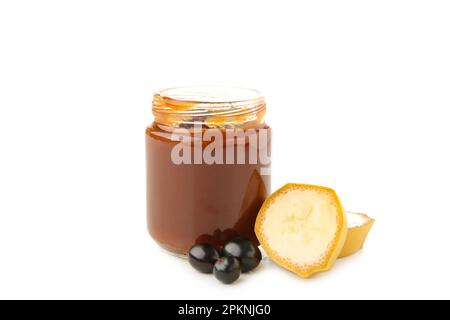 Fresh, organic pureed fruits in jar for baby. Shot for a story on homemade, organic, healthy baby food. Top view Stock Photo