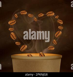 Heart shape of roasted coffee beans falling into coffee cup on brown smoky background Stock Photo