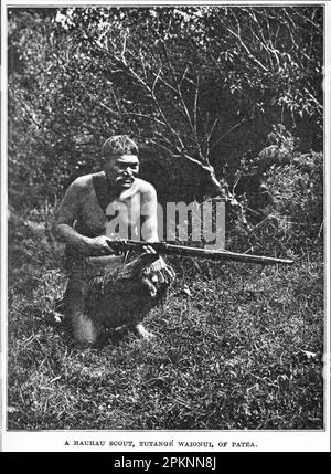 1908 Portrait of Tutange Waionui, a Hauhau warrior, posing in the clothes he wore when on the war-path in 1868 agains the New Zealand colonial government. Stock Photo