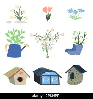 Colorful spring items set of flowers, birdhouse  Stock Vector