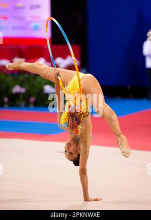 Sofia, Bulgaria. March 31, 2023.Elzhana Taniyeva of Kazakhstan performs with the hoop during the Rhythmic Gymnastics World Cup at Arena Armeec Stock Photo