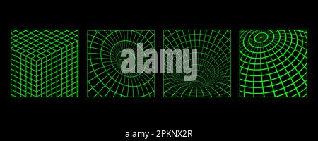 3D wireframe posters with geometric shapes and grids in trendy retro cyberpunk 80s 90s style. Y2k aesthetic. Stock Vector