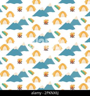 Seamless camping pattern of mountain, tent, fire Stock Vector