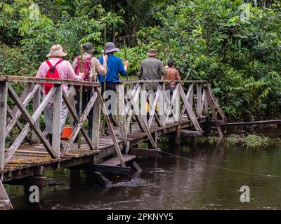 Leticia, Colombia - Dec, 2021: Trekking through rainforest of the Amazon jungle. Wooden bridge over the Tacana river. Border of Colombia nd Brazil. Am Stock Photo