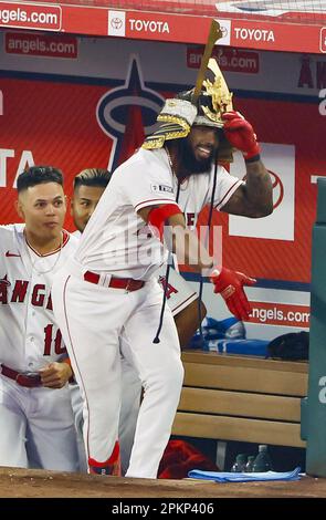 Shohei Ohtani of the Los Angeles Angels celebrates wearing a samurai  warrior helmet in the dugout after hitting a two-run home run in the third  inning of a baseball game against the