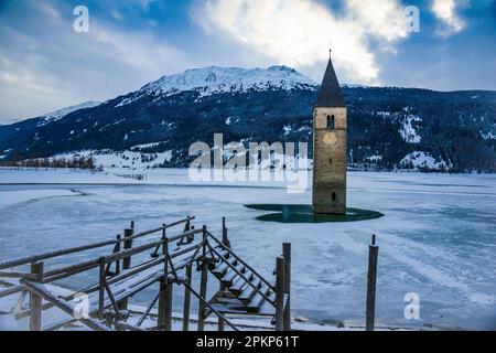 Church tower in Lake Reschen, Graun, Reschen Pass, Vinschgau, South Tyrol, Italy, Europe Stock Photo