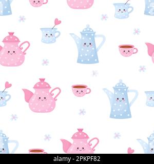 Seamless pattern with cute cups and teapots on white background. Vector illustration. Endless background with characters funny tableware. Stock Vector