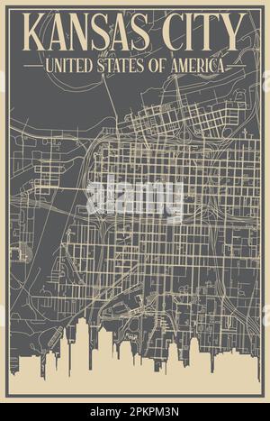 Road network poster of the downtown KANSAS CITY, UNITED STATES OF AMERICA Stock Vector