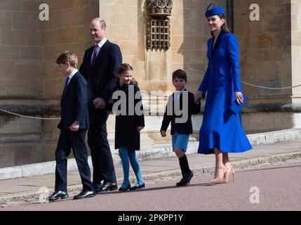 Windsor, Berkshire, UK. 9th April, 2023. The Prince of Wales and Catherine, The Princess of Wales, Prince George, Princess Charlotte and Prince Louis arrive with members of the Royal Family to attend the Easter Morning Service at St George's Chapel at Windsor Castle this morning. Credit: Maureen McLean/Alamy Live News Stock Photo