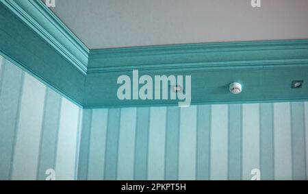 Part of the living room, corner of the wall from the ceiling, mounted LED lights in a wooden console on the ceiling, blue tinting. Stock Photo