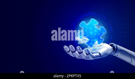 3d rendering robot hand holding digital jigsaw puzzle piece on blue cyber network background with space. Digital transformation, AI, artificial intell Stock Photo