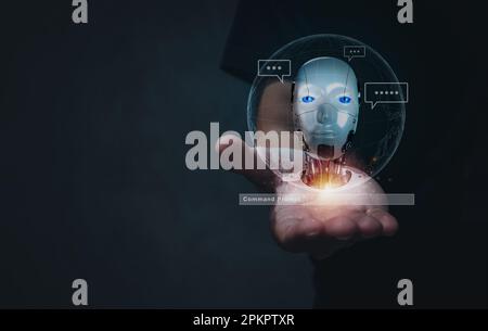 Chat with AI bot concept. Artificial intelligence chatbot service with hologram robot head, command prompt bar and digital speech talk icon virtual on Stock Photo