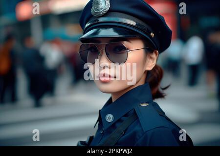 Asian policewoman in uniform Stock Photo