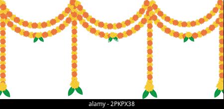 Traditional indian marigold toran floral garland vector,wedding and festival decoration,border flower decoration with transparent background Stock Vector